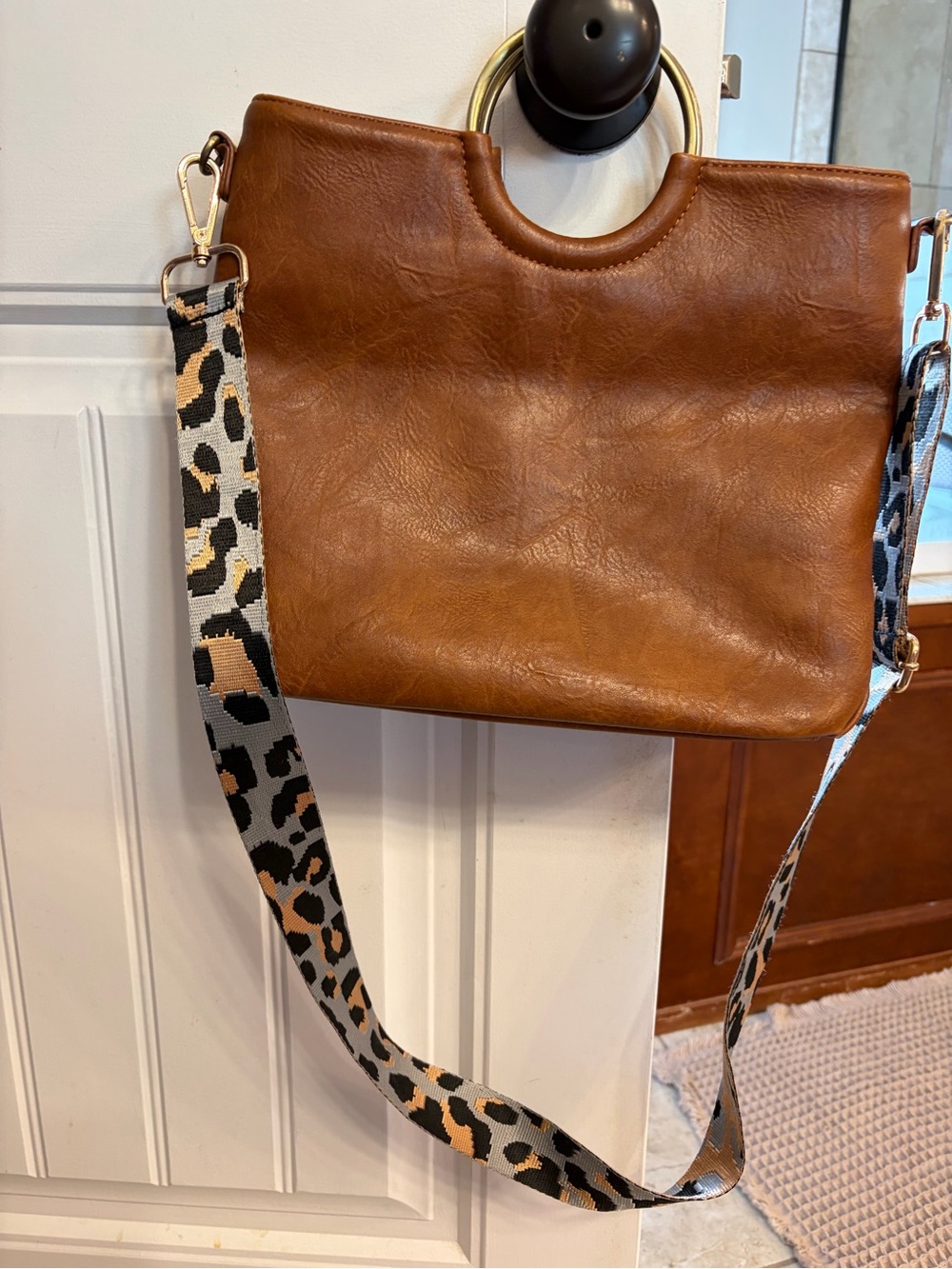 Brown Vegan Crossbody Bag with Leopard Strap